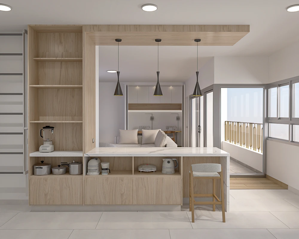 Barra de desayuno y torre de almacenamiento en melamina de madera con vista a la sala.