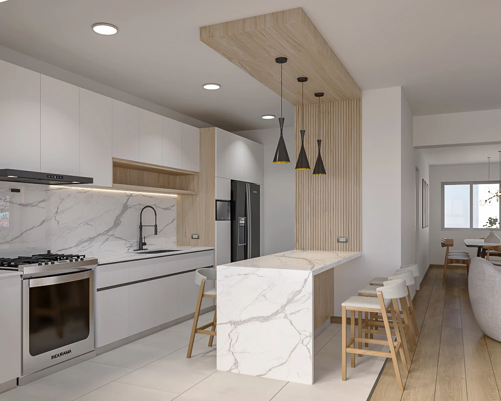 Cocina con isla de mármol blanco y detalle de listones de madera en la pared.