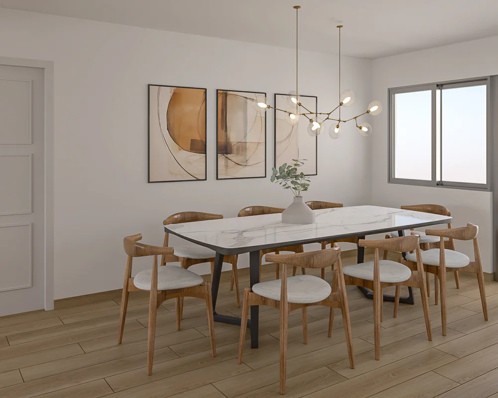 Comedor iluminado con mesa para ocho personas y lámpara colgante moderna.