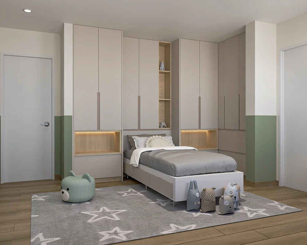 Dormitorio infantil con clóset de diseño moderno en tonos neutros y verde.