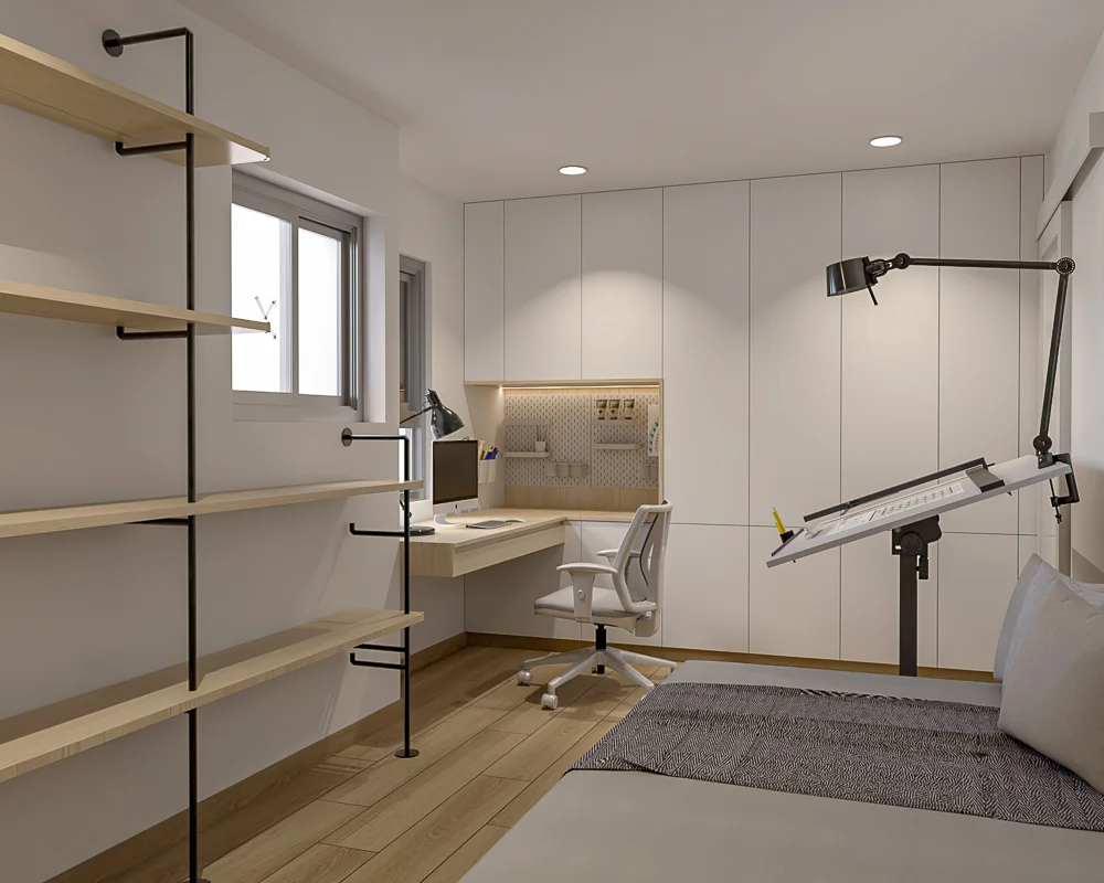 Dormitorio multifuncional con clóset blanco, escritorio integrado y mesa de dibujo técnico.